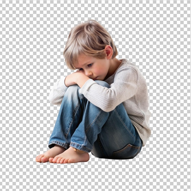 a child whose depression is sitting on the floor on transparent background