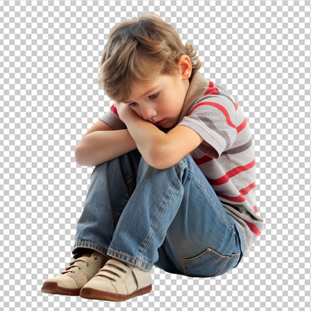 a child whose depression is sitting on the floor on transparent background