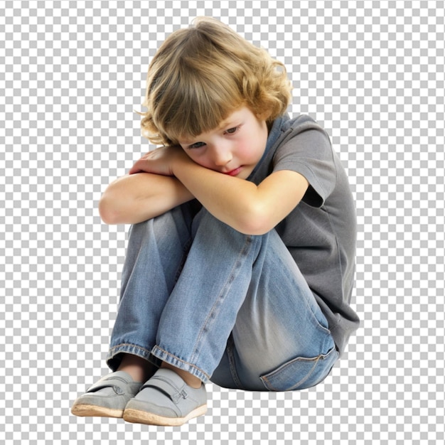 a child whose depression is sitting on the floor on transparent background