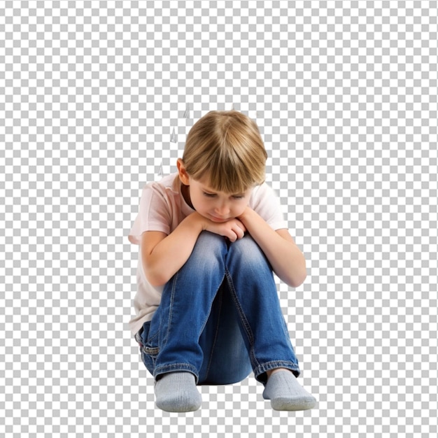 a child whose depression is sitting on the floor on transparent background