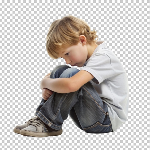 a child whose depression is sitting on the floor on transparent background