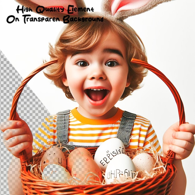 a child with a basket of eggs and a bunny in the background