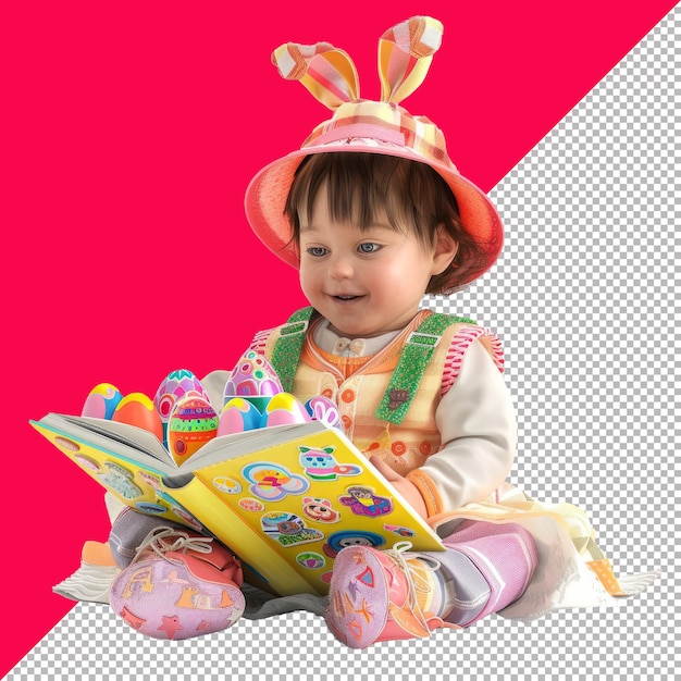 PSD child with easter sticker book 3d isolated white