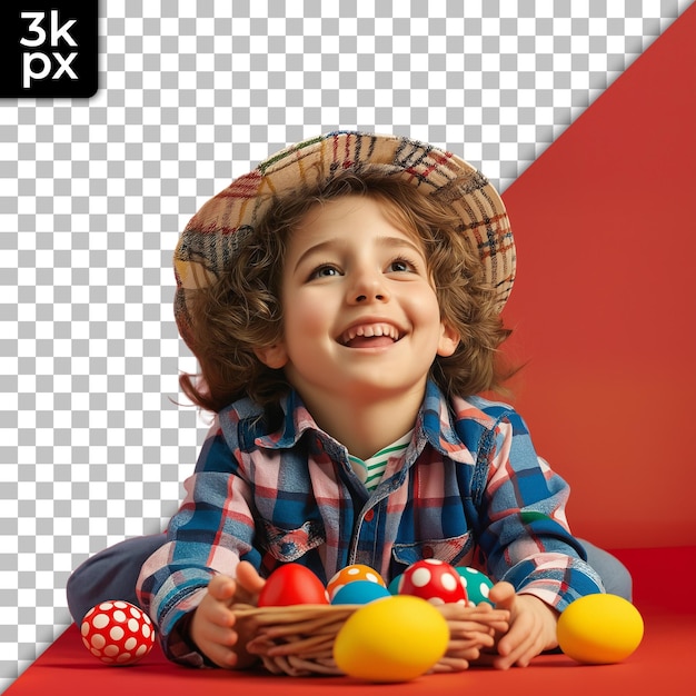 a child with a straw hat and a basket of balls