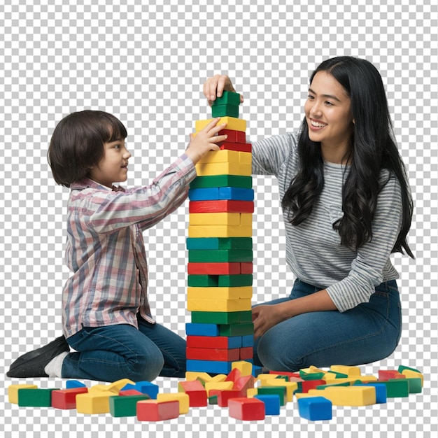 Child and young woman building a tower with colorful blocks isolated on transparent background