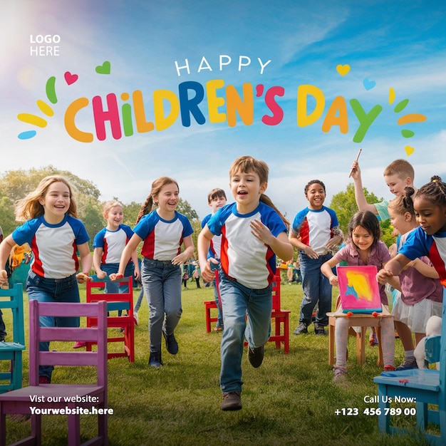 children day with children cheering social media instagram post design template artwork Vectors