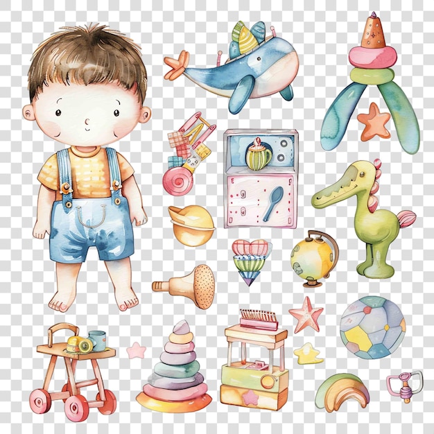 children education set with toys and boy illustration watercolor