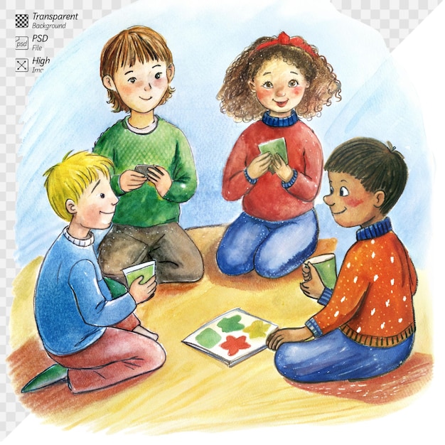 PSD children enjoying a card game on a transparent background