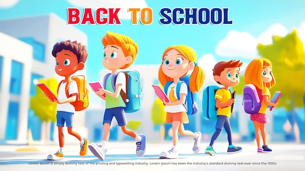 Children going back to school cartoon