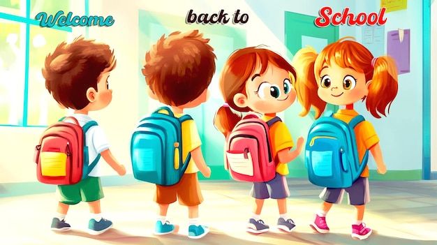 Children going back to school cartoon