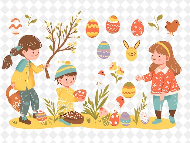 PSD children hunting for easter eggs design is cheerful and play flat illustration festival of the world