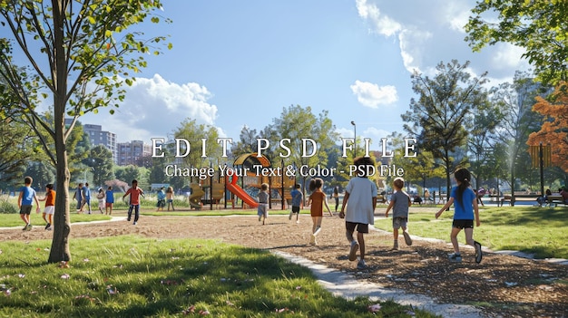 PSD children playing in a park on a sunny day