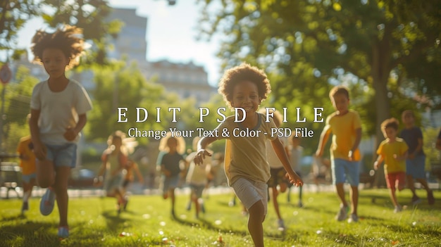 PSD children playing and running in a sunny park