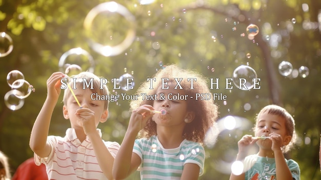 PSD children playing with bubbles in a sunny park