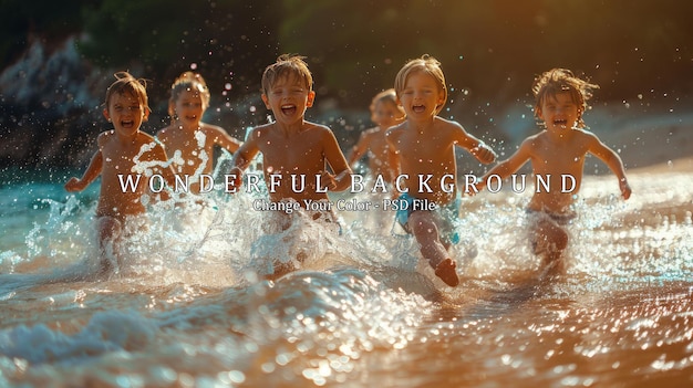 PSD children running through the surf on a sunny beach