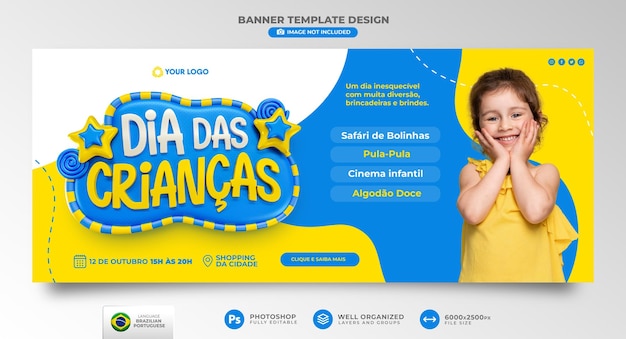 Children's Day Banner in 3d render for marketing campaign in Brazil in Portuguese