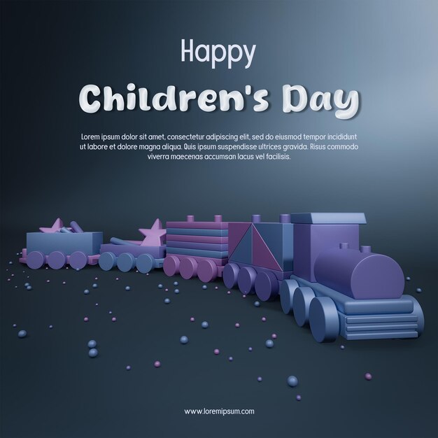 Children s Day Banner Sosial Media with 3D Rendering Wooden Toy Train Background