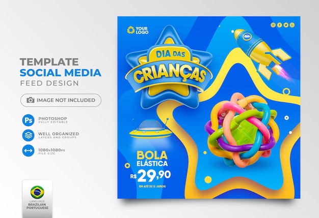 Children's Day Post Social Media in 3d render for marketing campaign in Brazil in Portuguese