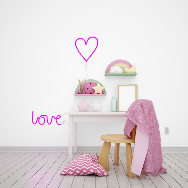 PSD children's room decorated with cute objects and the word "love"