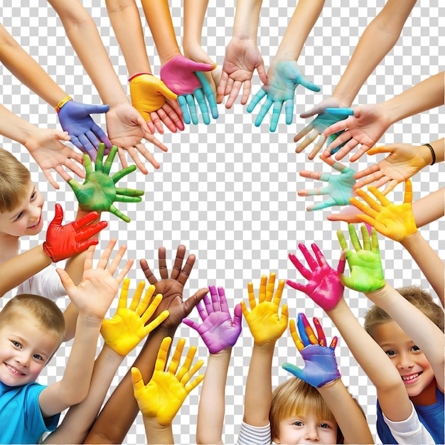 PSD children with colorful hands reaching out towards the camera on transparent background