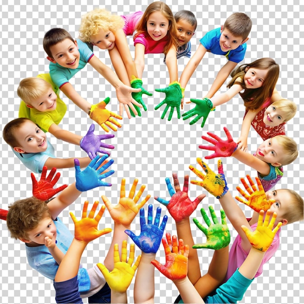 PSD children with colorful hands reaching out towards the camera on transparent background