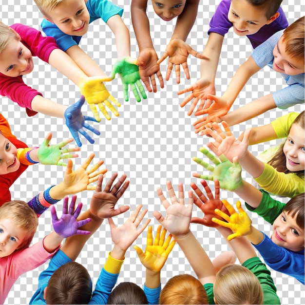 PSD children with colorful hands reaching out towards the camera on transparent background