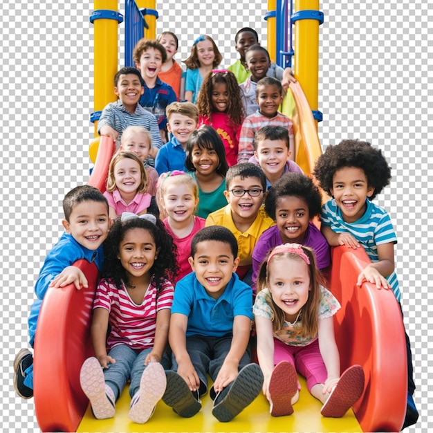 PSD children with different race playing at the playground slide isolated on transparent background