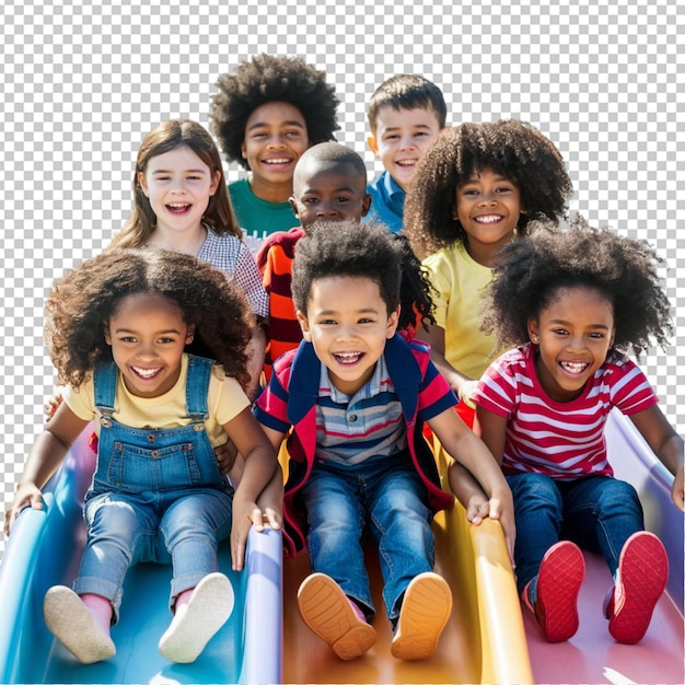 PSD children with different race playing at the playground slide isolated on transparent background