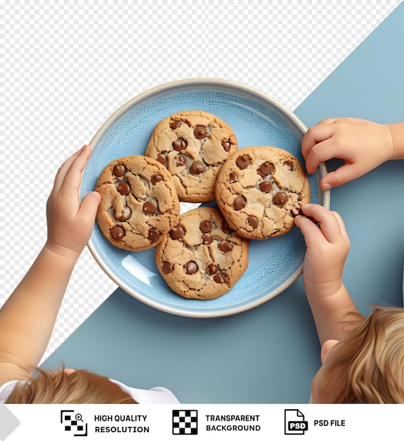 PSD children39s hands reaching for chocolate chip cookies on a blue plate with a transparent background