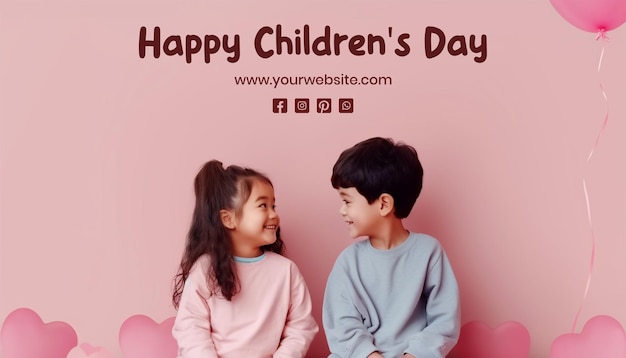 PSD childrens day concept a little boy and a girl happily looking each other on light pink background