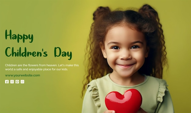 PSD childrens day concept a little girl holding a red heart on light green background