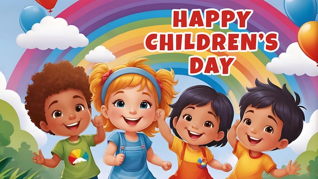 Childrens Day poster design for happy children with a rainbow background