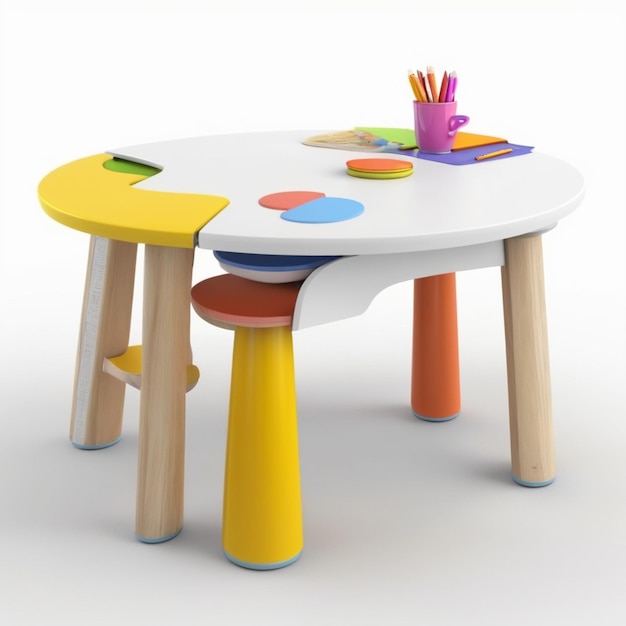 a childs table with a colorful table and chairs with a table and a cup on it