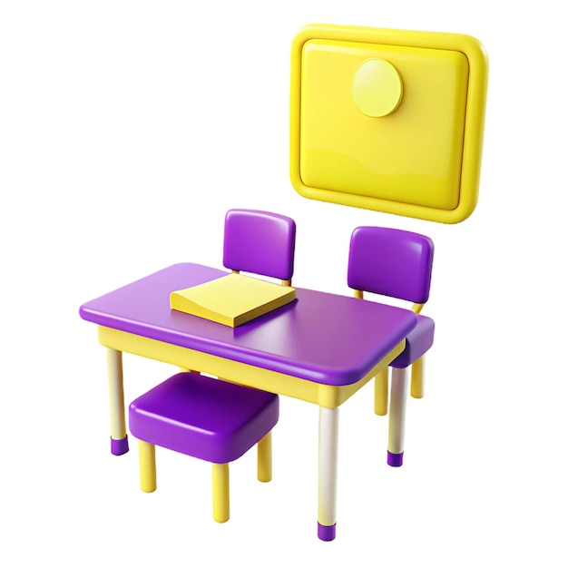 a childs table with purple chairs and a yellow box on it