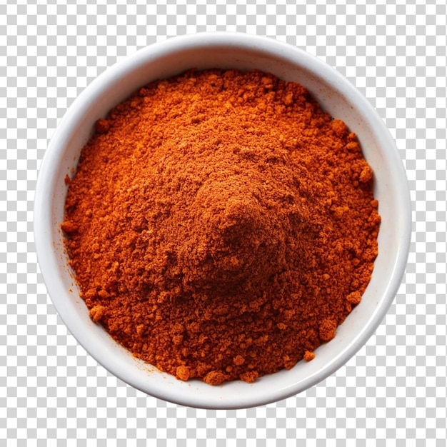 Chili powder top view on white bowl Isolated on transparent background