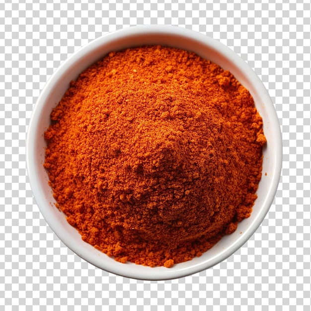 Chili powder top view on white bowl Isolated on transparent background