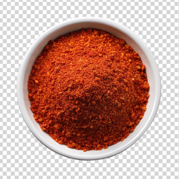 Chili powder top view on white bowl Isolated on transparent background