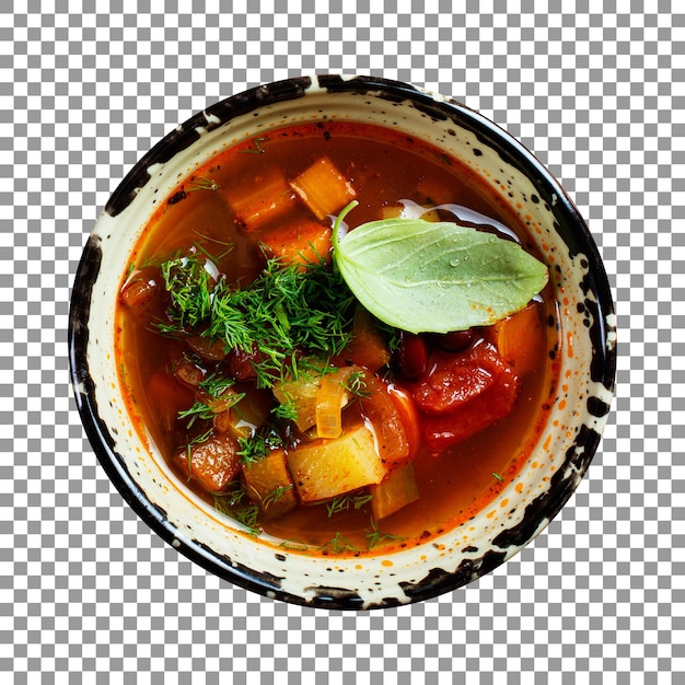 Chili soup bowl with corn and basil leaves isolated on transparent background