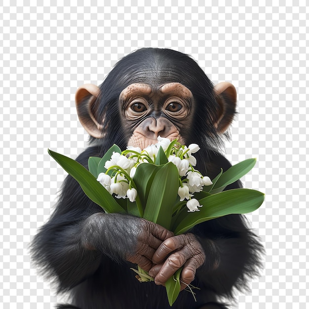 a chimpanzee holds a bunch of flowers