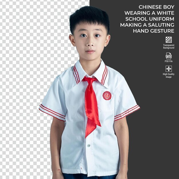 PSD chinese boy wearing white school uniform making saluting gesture isolated on transparent background