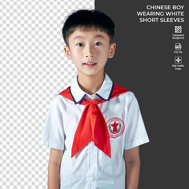 PSD chinese boy wearing white short sleeves isolated on transparent background psd