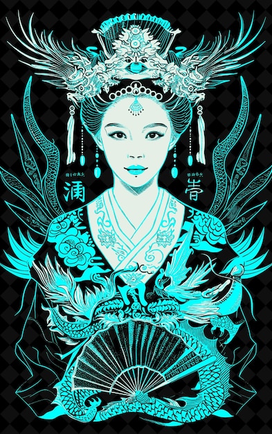 Chinese Empress Woman Portrait Wearing a Dragon Robe and Pho Vivid Color Design PNG Collections