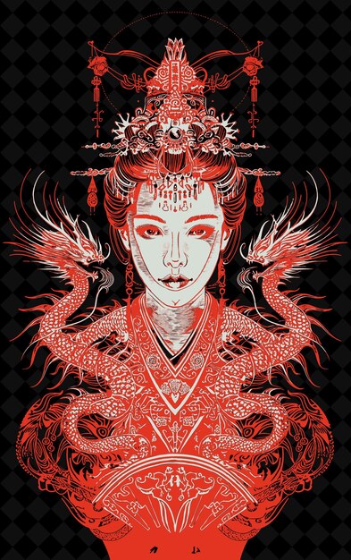 Chinese Empress Woman Portrait Wearing a Dragon Robe and Pho Vivid Color Design PNG Collections