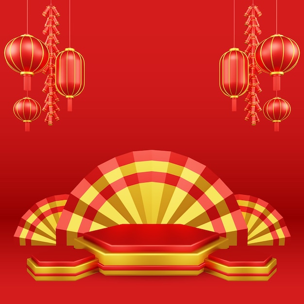 Chinese festival chinese fan with podium and asian paper lamps 3d illustration