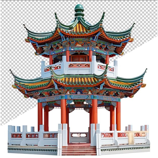 a chinese pagoda with a red roof and a white background