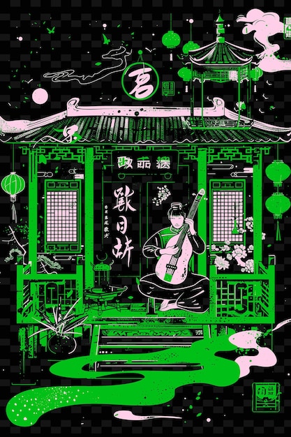 Chinese Pipa Player Performing in a Traditional Teahouse Wit Vector Illustration Music Poster Idea