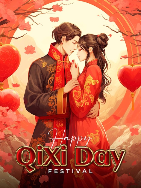 Chinese Valentine's Day or Qi Xi Day Greeting Poster Template