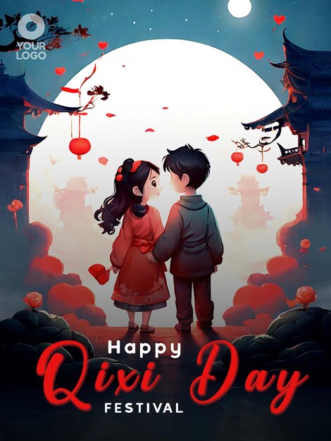 Chinese Valentines Day or Qi Xi Day Greeting Poster Template