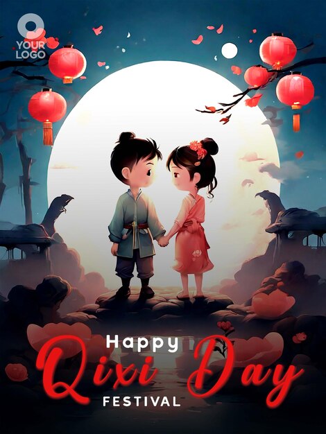 Chinese Valentines Day or Qi Xi Day Greeting Poster Template