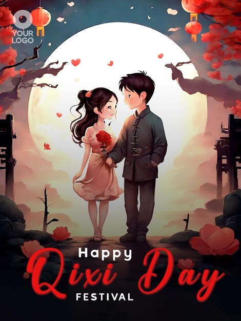 Chinese Valentines Day or Qi Xi Day Greeting Poster Template